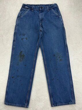Carhartt Straight Jeans Mens 32x32 Blue Denim Fire Resistant Utility Oil Stains